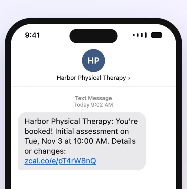 An appointment confirmation text on a phone from Harbor Physical Therapy: you're booked for Tuesday at 10 AM, with a link for the details