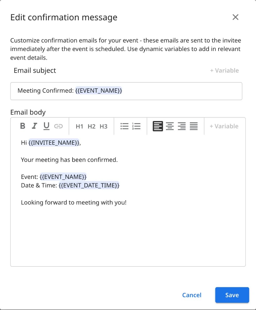 The zcal Edit confirmation message window, with the subject Meeting Confirmed and the invitee name, event name and date filled in by variables