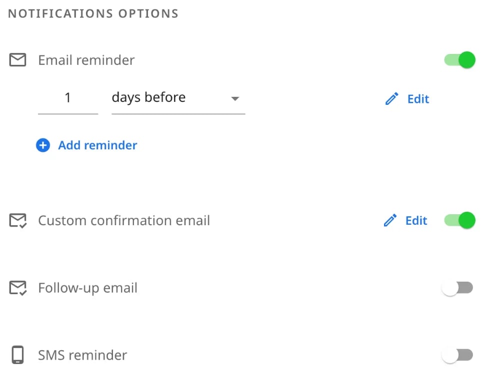 zcal notification settings with an email reminder 1 day before, a custom confirmation email, a follow-up email and an SMS reminder