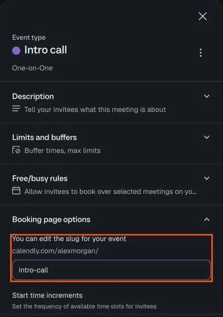 Le Booking page options di Calendly per un evento, con il campo del link dell'evento evidenziato