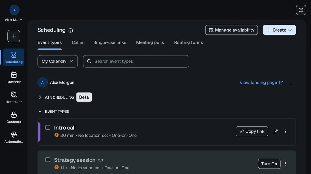 La pagina Scheduling di Calendly con un tipo di evento Intro call e il suo pulsante Copy link