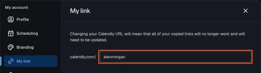 Le impostazioni My link di Calendly, con il campo calendly.com/ evidenziato e l'avviso che i link copiati smetteranno di funzionare