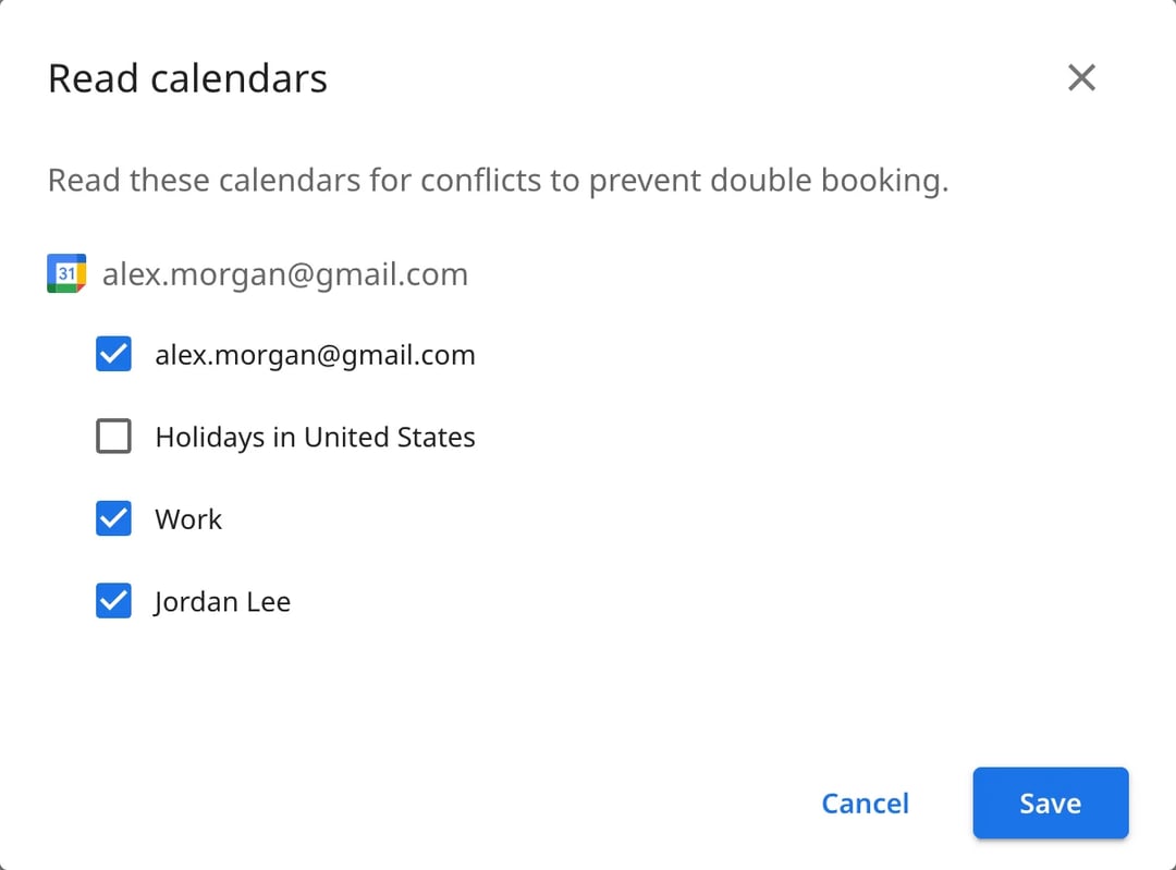El cuadro de diálogo Read calendars de zcal, que dice Read these calendars for conflicts to prevent double booking, con 3 calendarios marcados