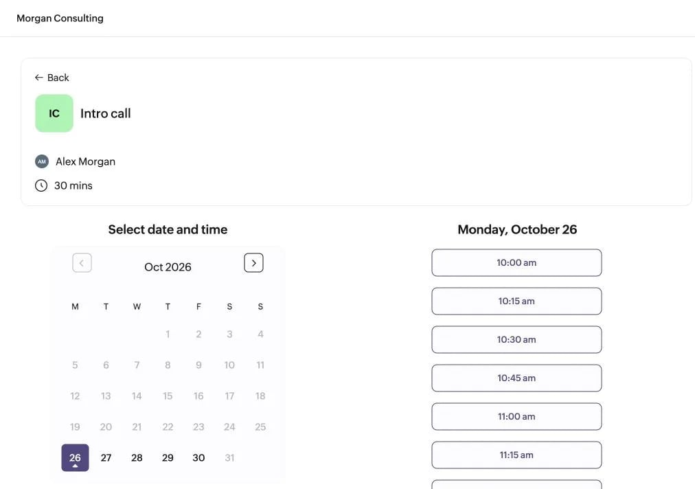 Boekingspagina van Zoho Bookings met een kennismakingsgesprek van 30 minuten, een maandkalender en tijdslots