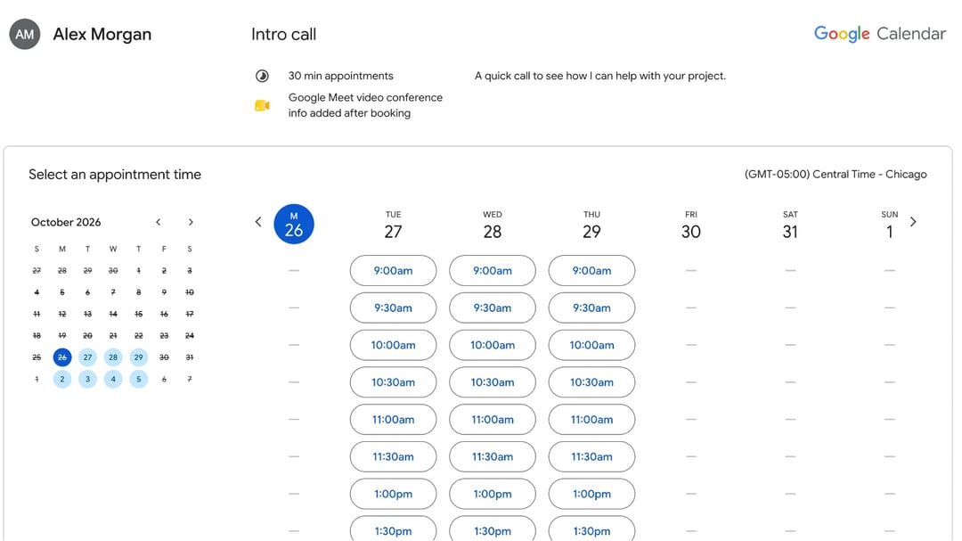 30분 소개 통화용 Google 캘린더 예약 페이지. 일주일 치 예약 가능 시간 버튼이 있습니다