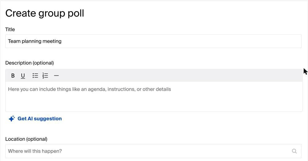 Das Formular Create group poll bei Doodle mit einem Titel, einem Feld für die Beschreibung, Get AI suggestion und einem Feld für den Ort