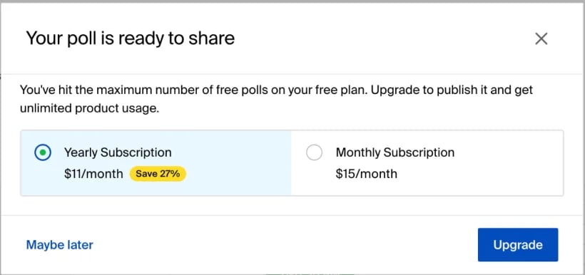 Das Upgrade-Fenster von Doodle: Your poll is ready to share, but you've hit the maximum number of free polls, mit Jahres- und Monatspreisen