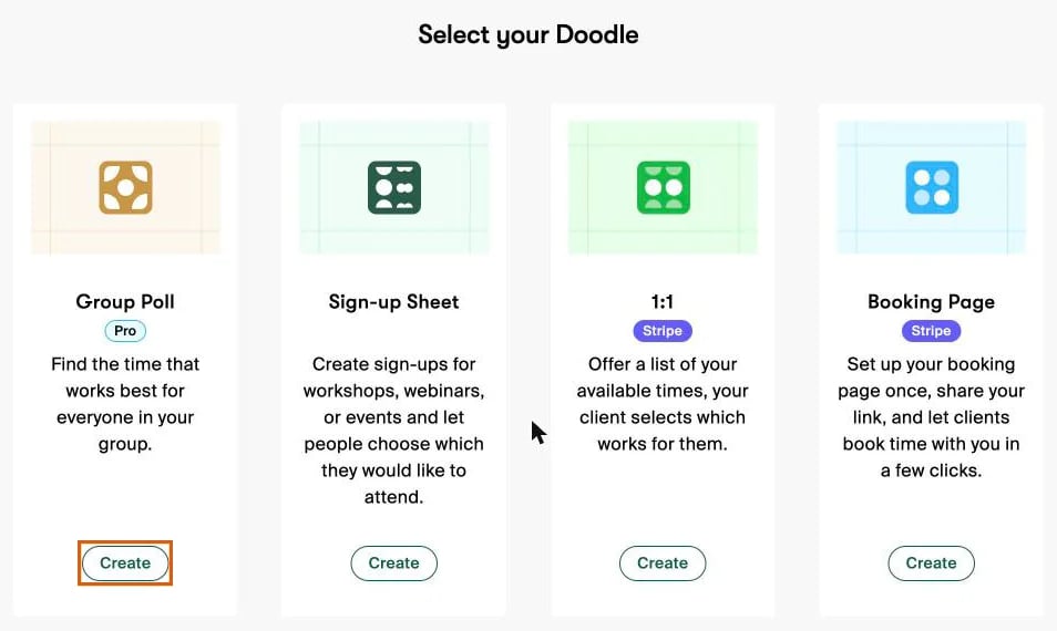Die Seite Select your Doodle bei Doodle mit Group Poll, Sign-up Sheet, 1:1 und Booking Page, die Schaltfläche Create unter Group Poll ist markiert