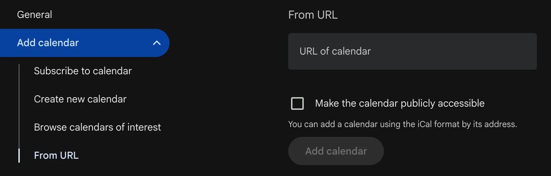 Het menu Agenda toevoegen in Google Agenda met Via URL, naast het veld voor de URL van de agenda