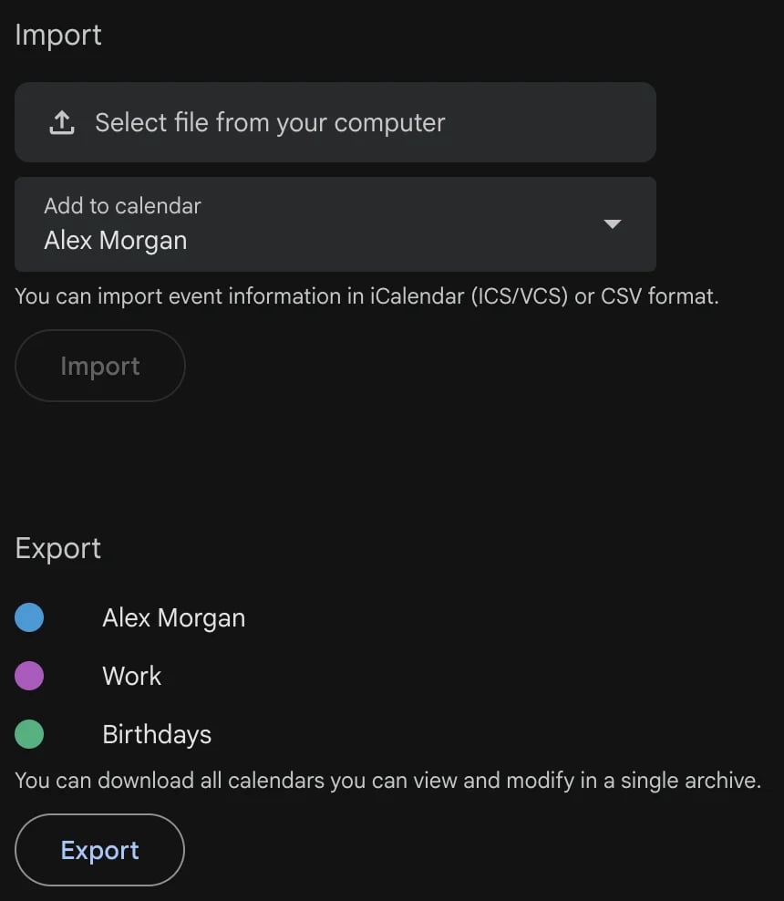 De instellingen voor importeren en exporteren van Google Agenda, met Select file from your computer, het menu Add to calendar, de knop Import en de knop Export