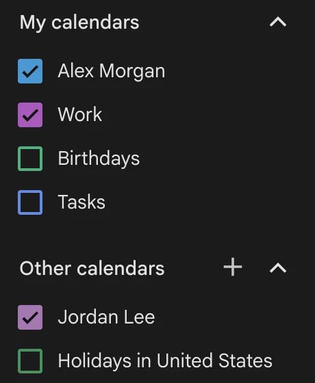 De zijbalk van Google Agenda met Mijn agenda's (Alex Morgan, Work, Birthdays, Tasks) en Andere agenda's (Jordan Lee, Holidays in United States)