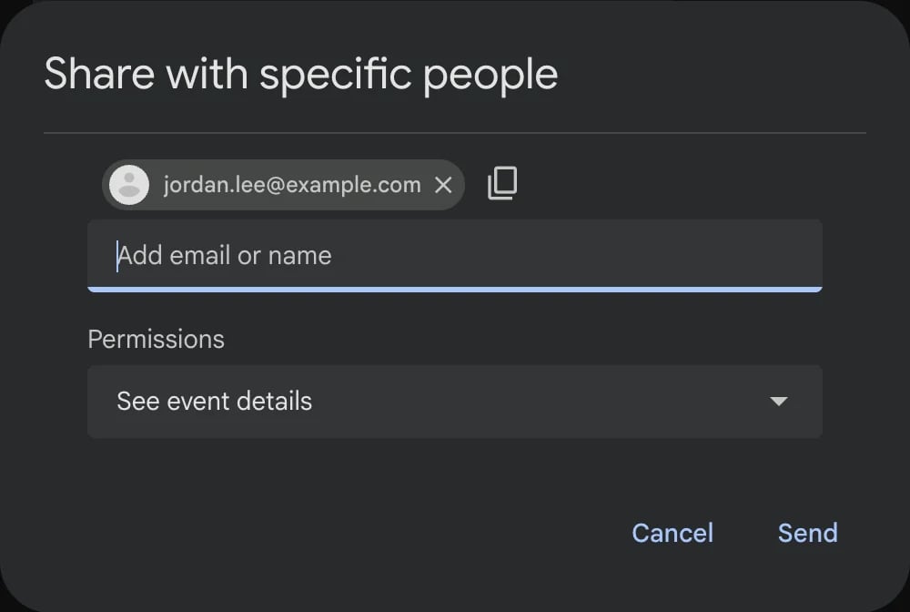 Het venster Share with specific people van Google Agenda met jordan.lee@example.com en het recht See event details