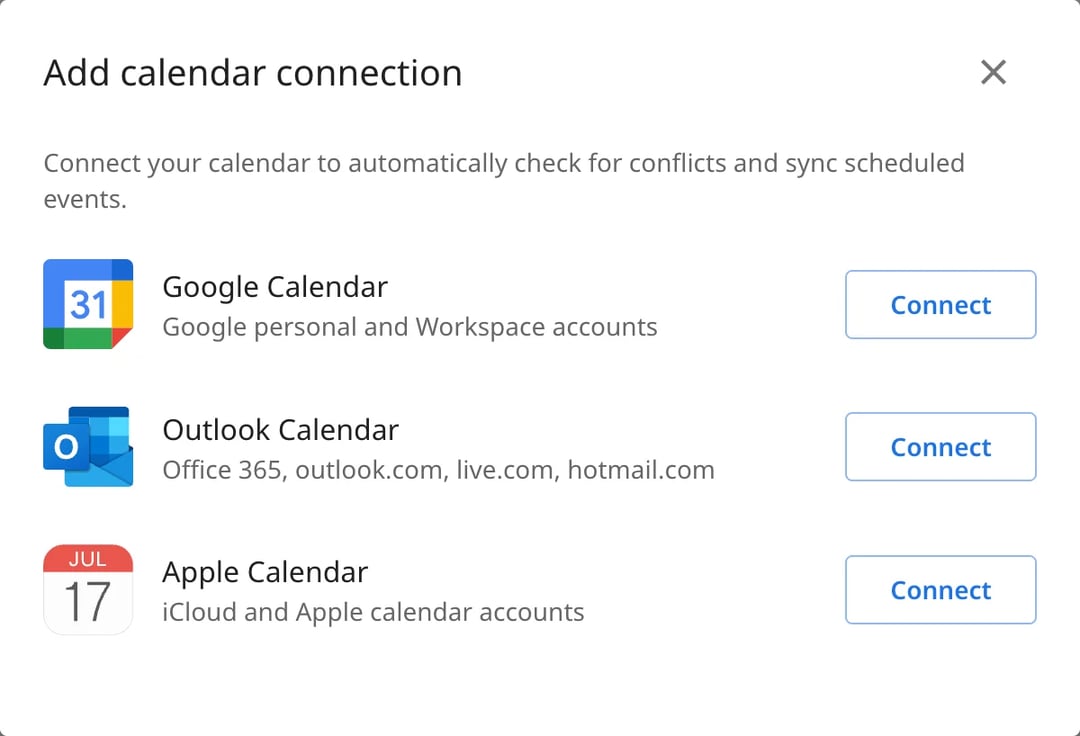 Het venster Kalenderverbinding toevoegen van zcal met Google Agenda, Outlook-agenda en Apple Agenda