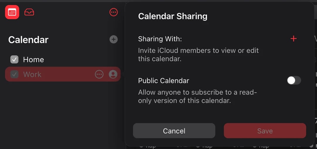 Het paneel Calendar Sharing op iCloud.com voor een agenda Work, met Sharing With, Public Calendar, Cancel en Save