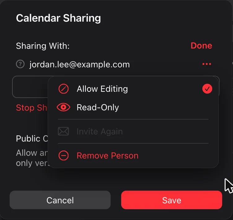 Calendar Sharing op iCloud.com met jordan.lee@example.com uitgenodigd en een menu met Allow Editing, Read-Only, Invite Again en Remove Person