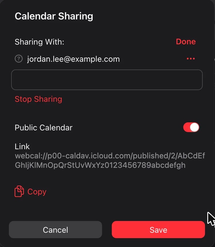 Calendar Sharing op iCloud.com met Public Calendar aan, een webcal-link en een knop Copy