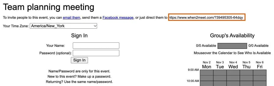 A new When2meet event page with its link at the top, a Sign In box and an empty group grid