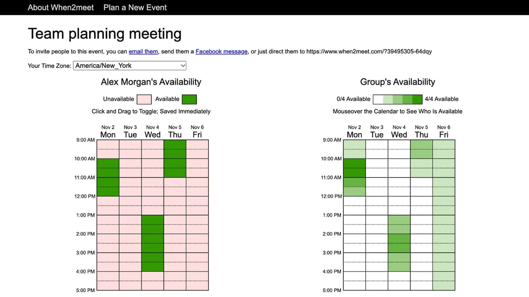 A When2meet event page with one person's availability grid next to the group's green availability grid