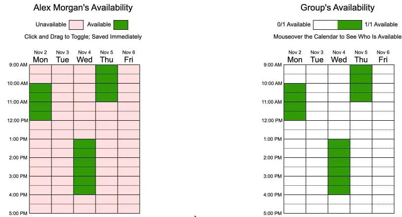 Alex Morgan's availability on the left, painted green on Monday, Wednesday and Thursday, next to the group grid