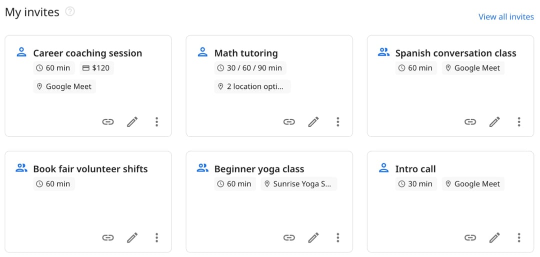 La dashboard di zcal nel piano gratuito con 6 link di prenotazione: una sessione di coaching a pagamento, ripetizioni di matematica con 3 durate di lezione, 3 eventi di gruppo e una call conoscitiva