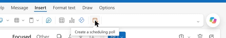 The Outlook Insert tab with the Scheduling poll button and its tooltip, Create a scheduling poll