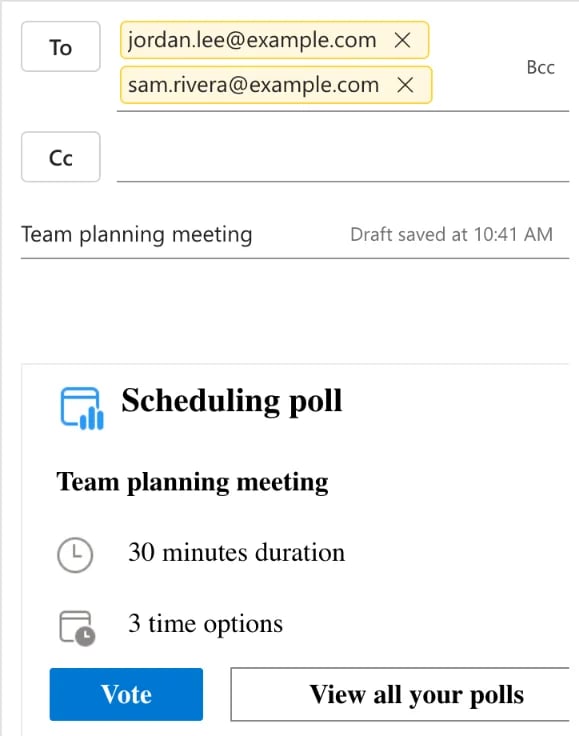 An Outlook email to 2 attendees with a Scheduling poll card: 30 minutes duration, 3 time options and a Vote button