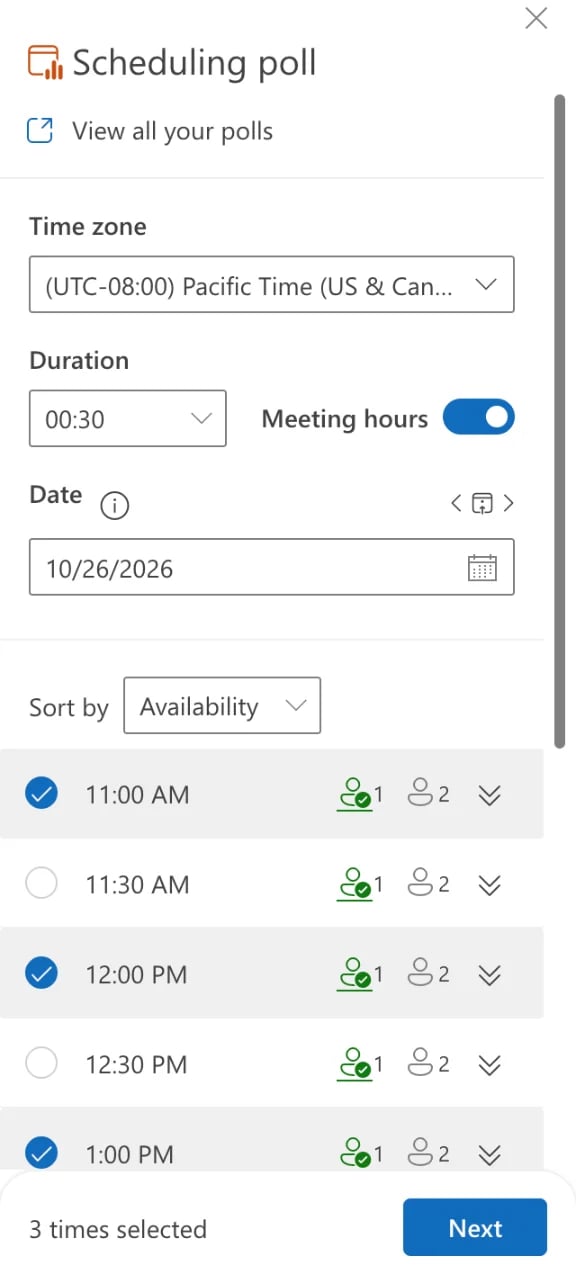 The Outlook Scheduling poll panel with time zone, duration, date and 3 times selected
