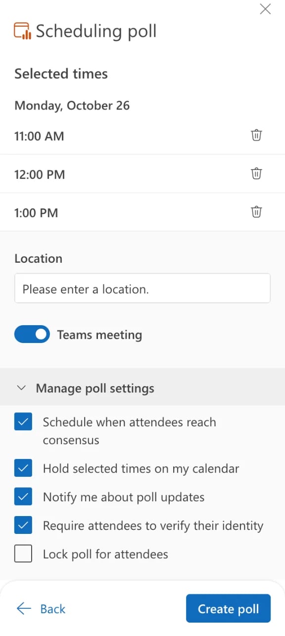 The Outlook Scheduling poll settings with 3 selected times, a Teams meeting toggle and 5 poll options