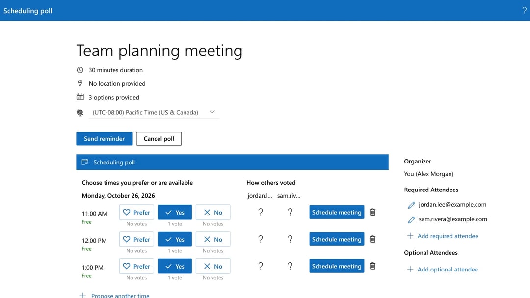 An Outlook Scheduling poll page with 3 times, Prefer, Yes and No buttons and a Schedule meeting button for each time