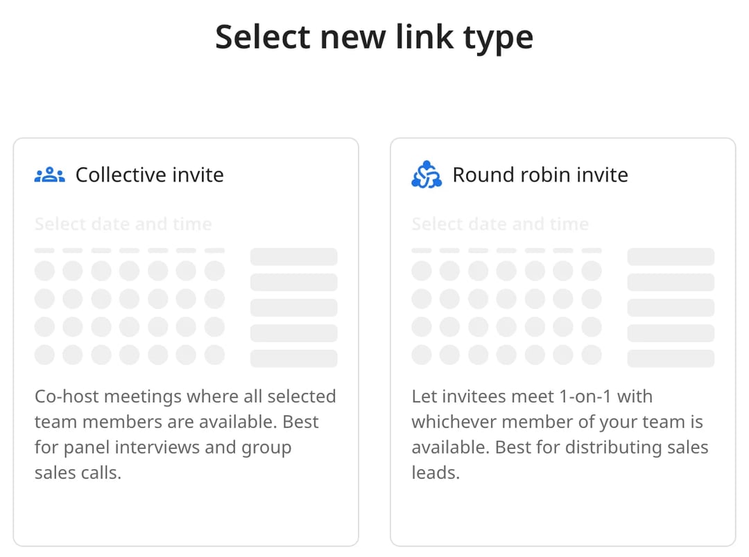 Het zcal-scherm Nieuw linktype selecteren met Collectieve uitnodiging en Round robin uitnodiging, met de uitleg dat genodigden 1-op-1 afspreken met het teamlid dat beschikbaar is