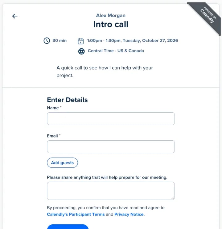 Das Buchungsformular von Calendly mit Name, Email, Add guests und einem Notizfeld unter der Meetingzeit