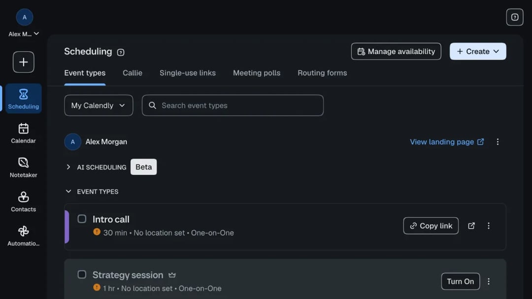 Die Seite Scheduling in Calendly mit 2 Ereignistypen, Intro call und Strategy session, jeweils mit einer Schaltfläche Copy link