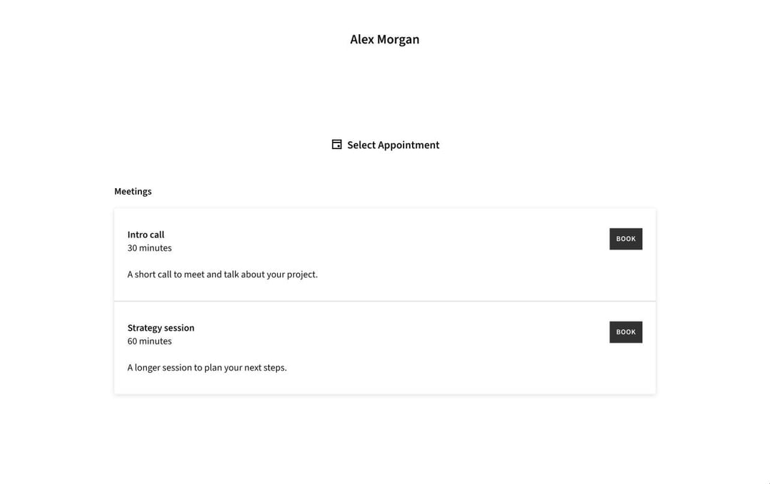 Acuity Scheduling-boekingspagina met een lijst van afspraaktypes