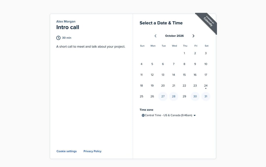 Calendly-boekingspagina met een maandkalender en beschikbare dagen