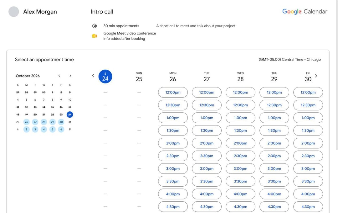 Afsprakenplanning in Google Agenda met een week aan vrije tijdslots