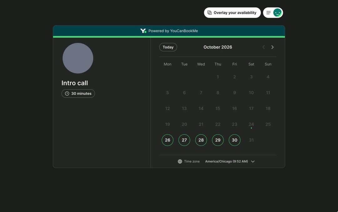 YouCanBookMe-boekingspagina met een kennismakingsgesprek van 30 minuten en een maandkalender