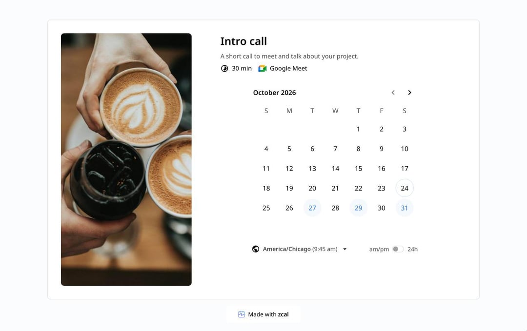 Een zcal-boekingspagina met de foto van de host, de details van de afspraak en een kalender met vrije tijden