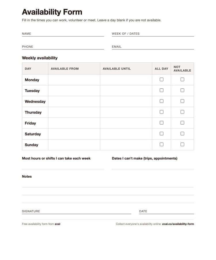 Het gratis beschikbaarheidsformulier van zcal: naam, data, een weekrooster en ruimte voor grenzen en notities
