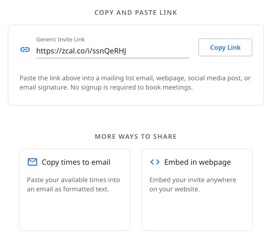 Een nieuwe zcal-boekingslink met Link kopiëren, Tijden naar e-mail kopiëren en Inbedden in webpagina