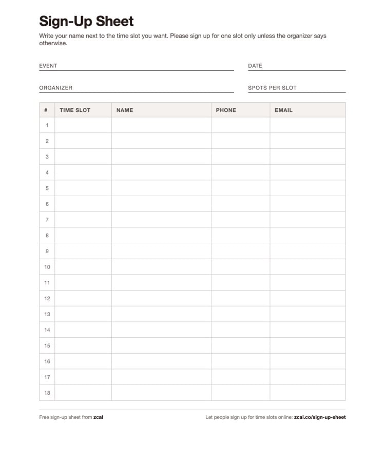 De gratis inschrijflijst van zcal: evenement, datum, organisator en 18 regels voor tijdslot, naam, telefoon en e-mail