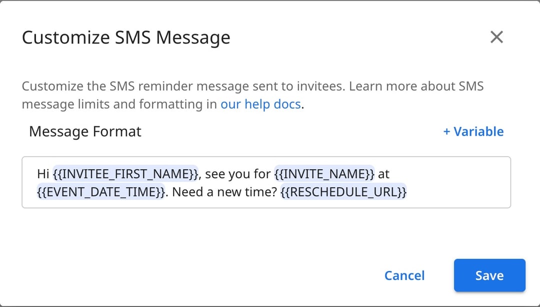 De sms-editor van zcal met variabelen voor voornaam, naam van de afspraak, datum en tijd, en een link om te verzetten