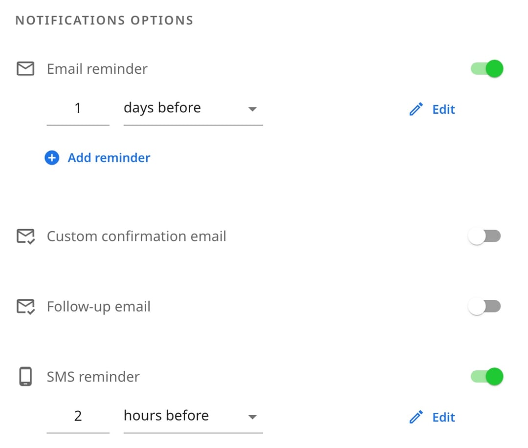 Meldingsinstellingen in zcal met een e-mailherinnering 1 dag vooraf en een SMS-herinnering 2 uur vooraf