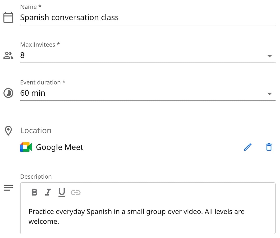 Een les in zcal, ingesteld als Spaanse conversatieles van 60 minuten met 8 plekken en een Google Meet-link