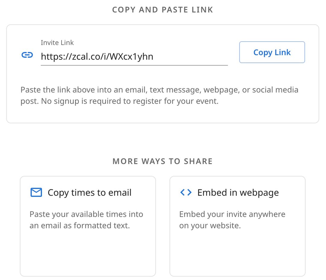 Een zcal-link voor een les met Link kopiëren, Tijden naar e-mail kopiëren en Inbedden in webpagina