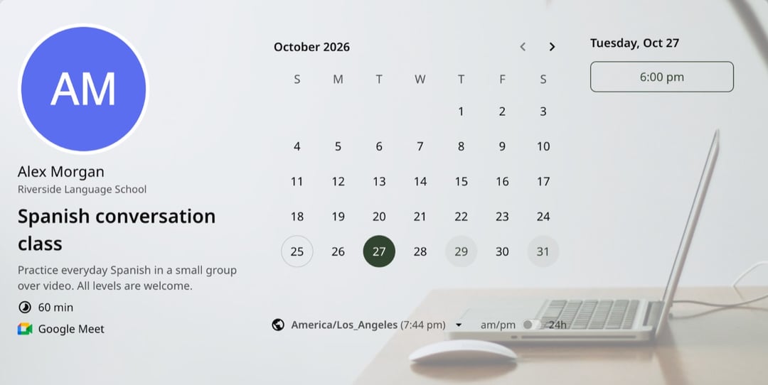 Een zcal-boekingspagina voor een online conversatieles Spaans, met een les op dinsdag om 18.00 uur