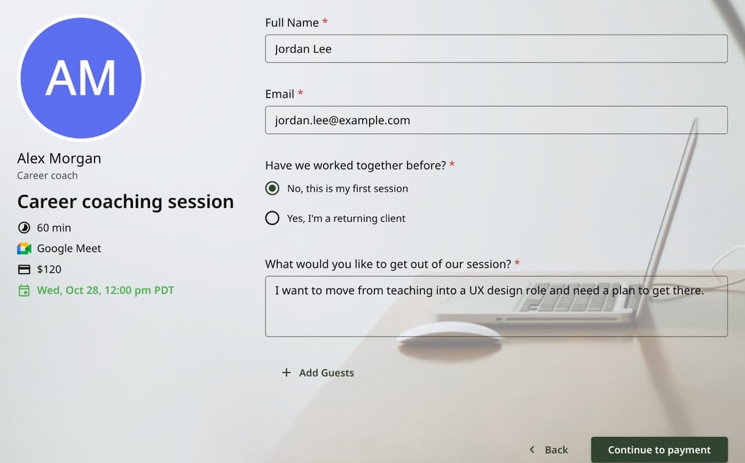 Een klant boekt in zcal een loopbaancoachingsessie van 120 dollar en geeft aan of het de eerste sessie is en wat hij eruit wil halen