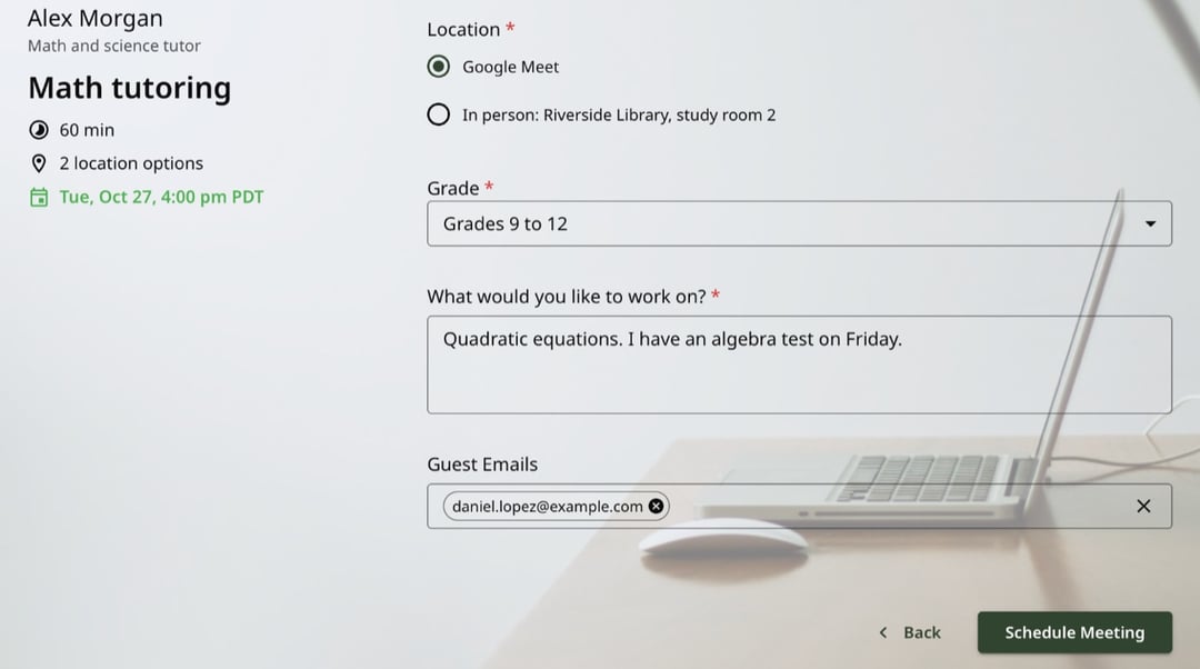 Een leerling boekt in zcal een wiskundeles van 60 minuten, met de klas, het onderwerp en het e-mailadres van een ouder als gast