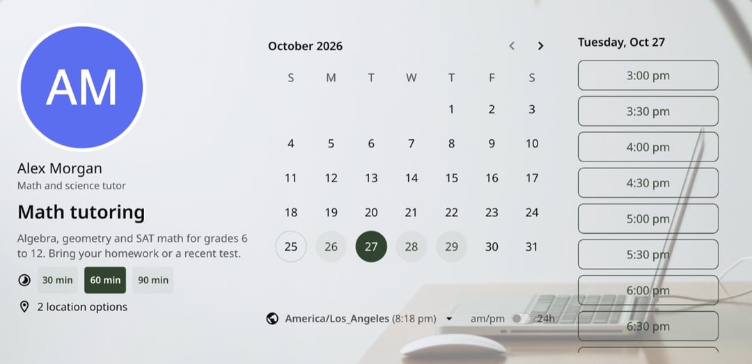 Een zcal-boekingspagina voor bijles wiskunde, met lessen van 30, 60 en 90 minuten en tijden op dinsdagmiddag